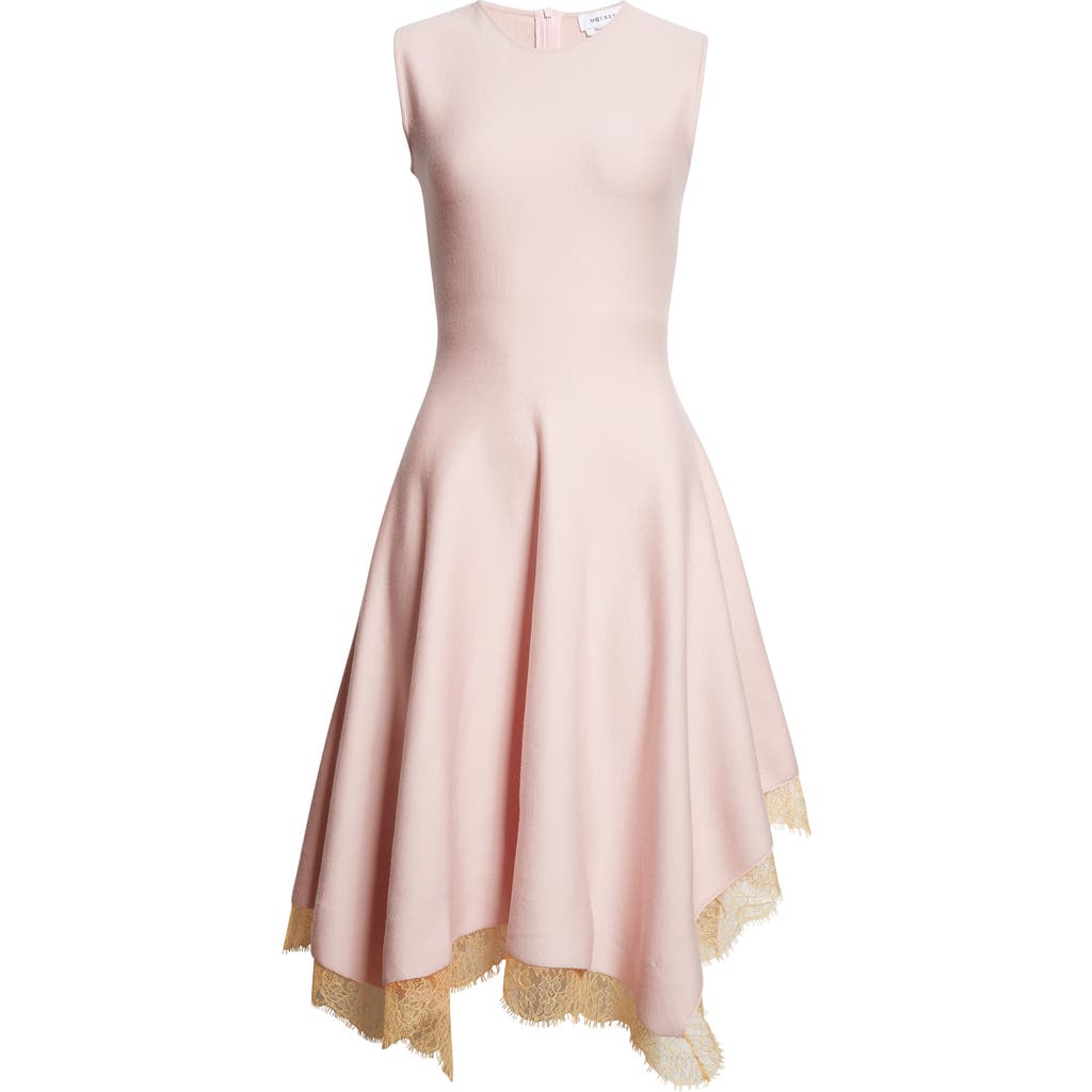 Alexander Mcqueen Mcqueen Lace Trim Asymmetric Wool Blend Knit Dress In Pink