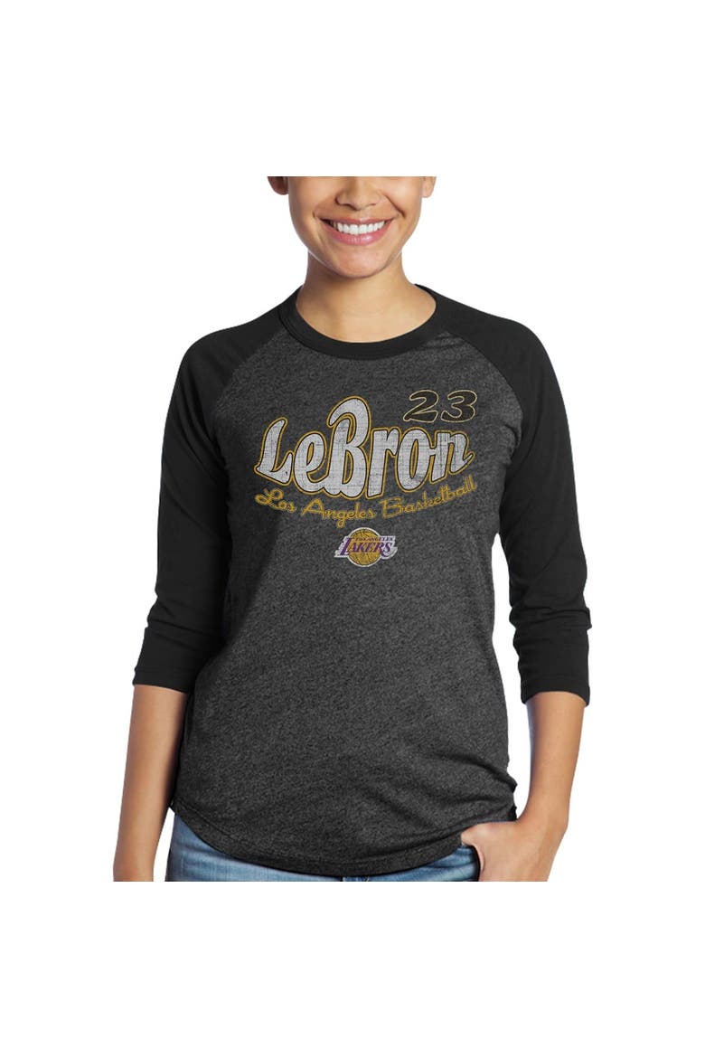 Women's Majestic Threads Black Los Angeles Lakers Lebron Graphic 3/4-Sleeve Tri-Blend Raglan T-Shirt, Alternate, color, Black