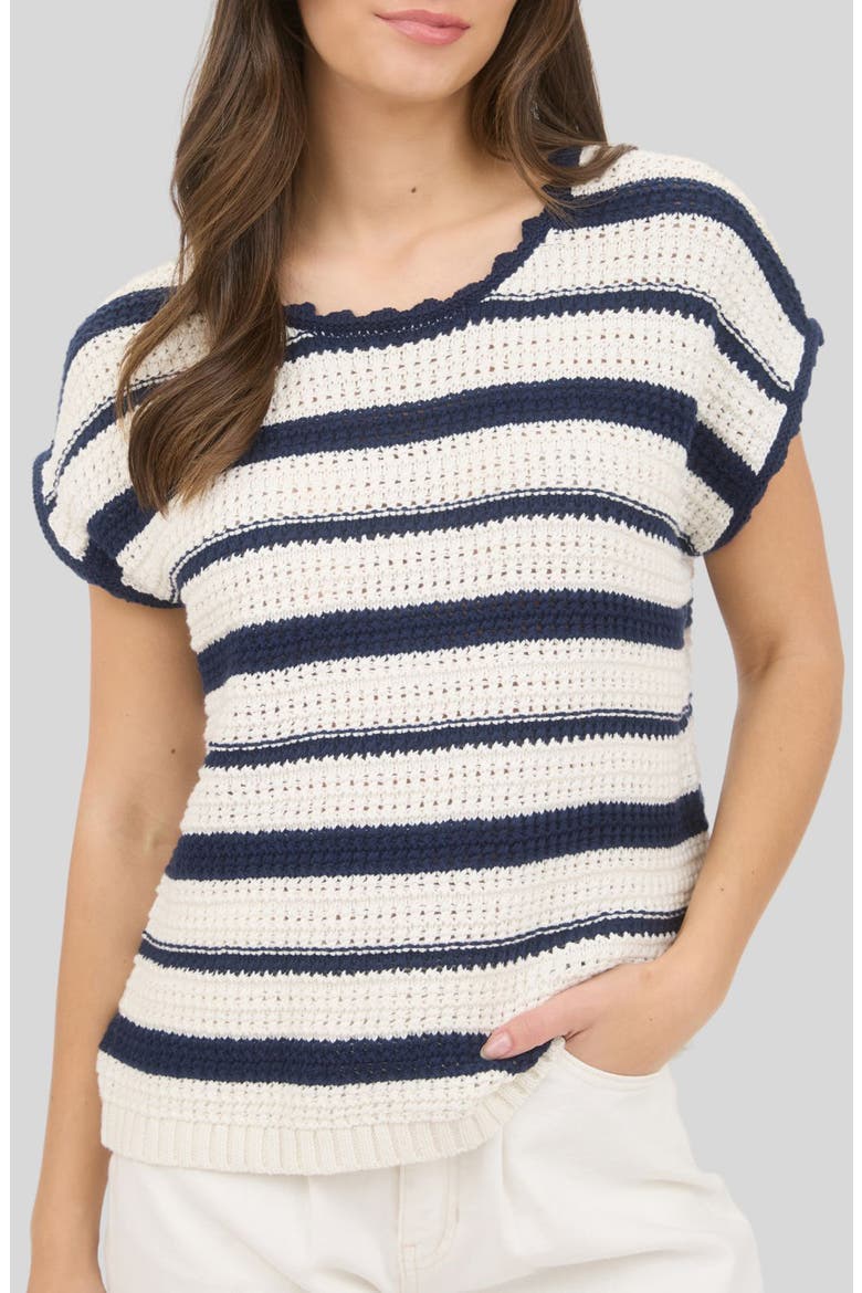 Cotton Stripe Short Sleeve Sweater, Main, color, NAVY