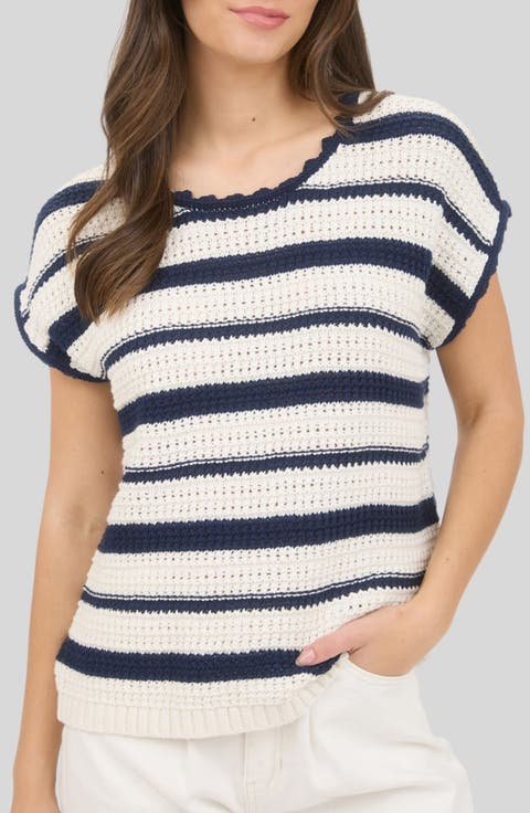 Cotton Stripe Short Sleeve Sweater