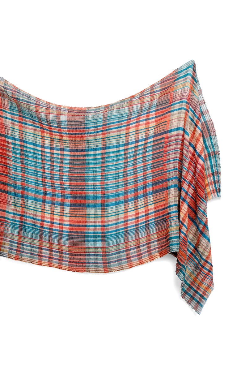 Vismaya Plaid Seersucker Wool Blend Fringe Scarf, Alternate, color, Coral