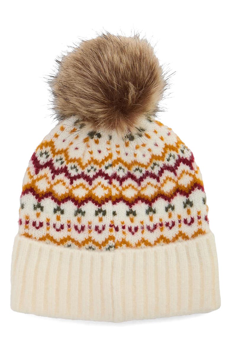 Barbour Kingsford Fair Isle Knit Beanie with Faux Fur Pom, Alternate, color, Cloud