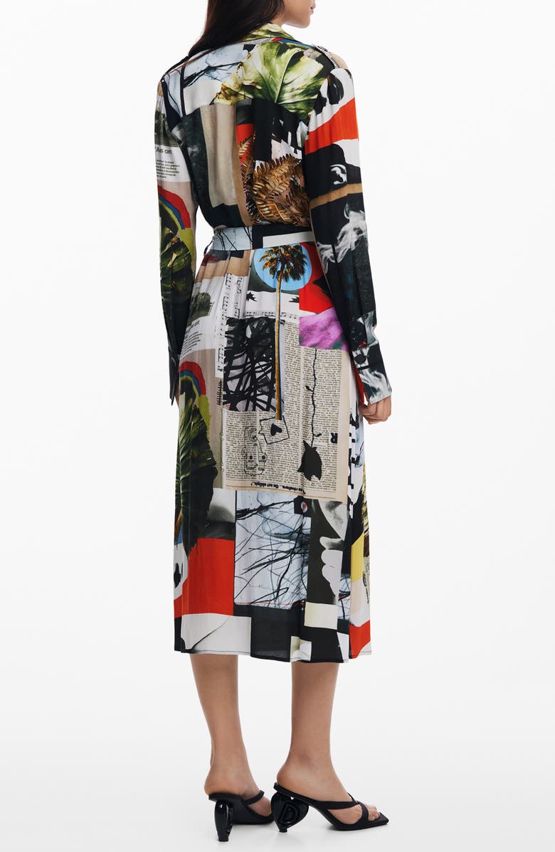 Desigual Belted Long Sleeve Crepe Maxi Shirtdress, Alternate, color, White Multi