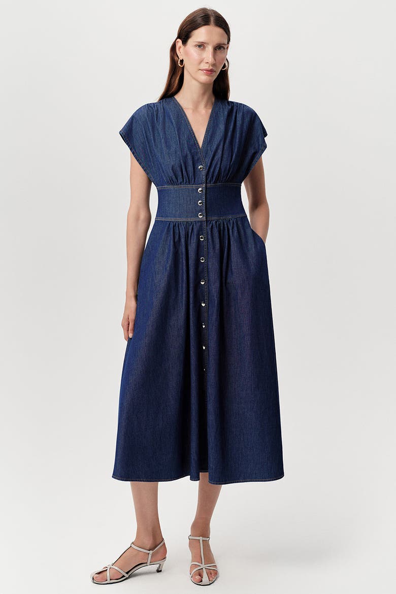 Evan Dropped Short Sleeve Fitted Midi Denim Dress, Alternate, color, Blue