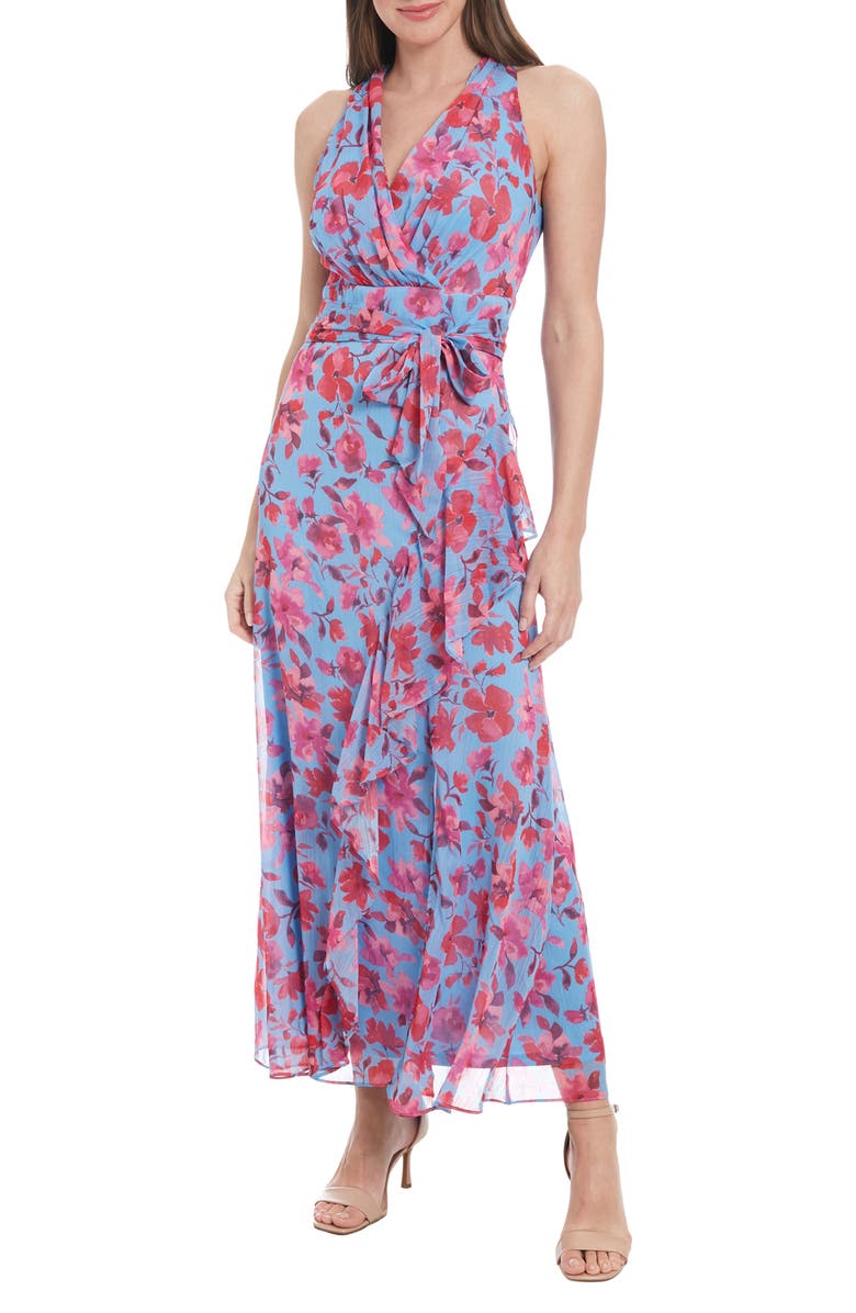London Times Floral Sleeveless Tie Waist Maxi Dress, Main, color, Cornflower/ Bright Pink