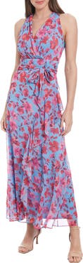 London Times Floral Sleeveless Tie Waist Maxi Dress