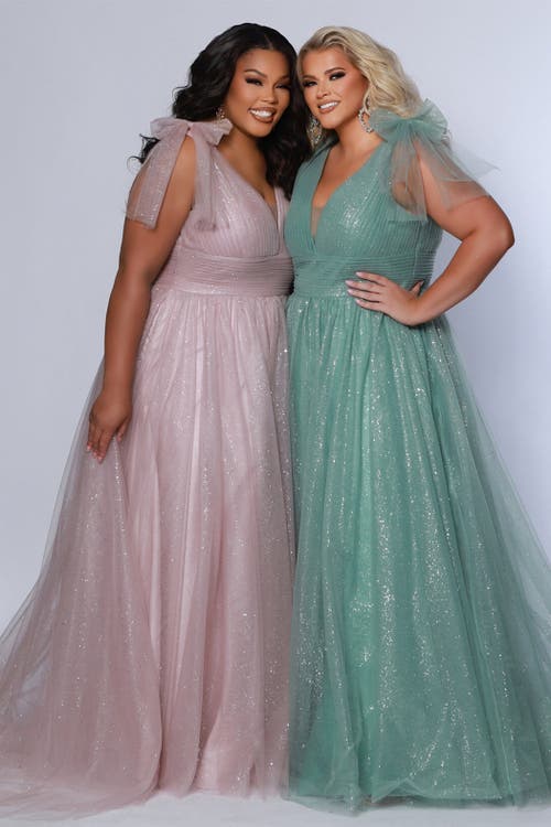 Sydney's Closet V-neckline Bra-friendly Plus Size A-line Gown With Bows In Mauve