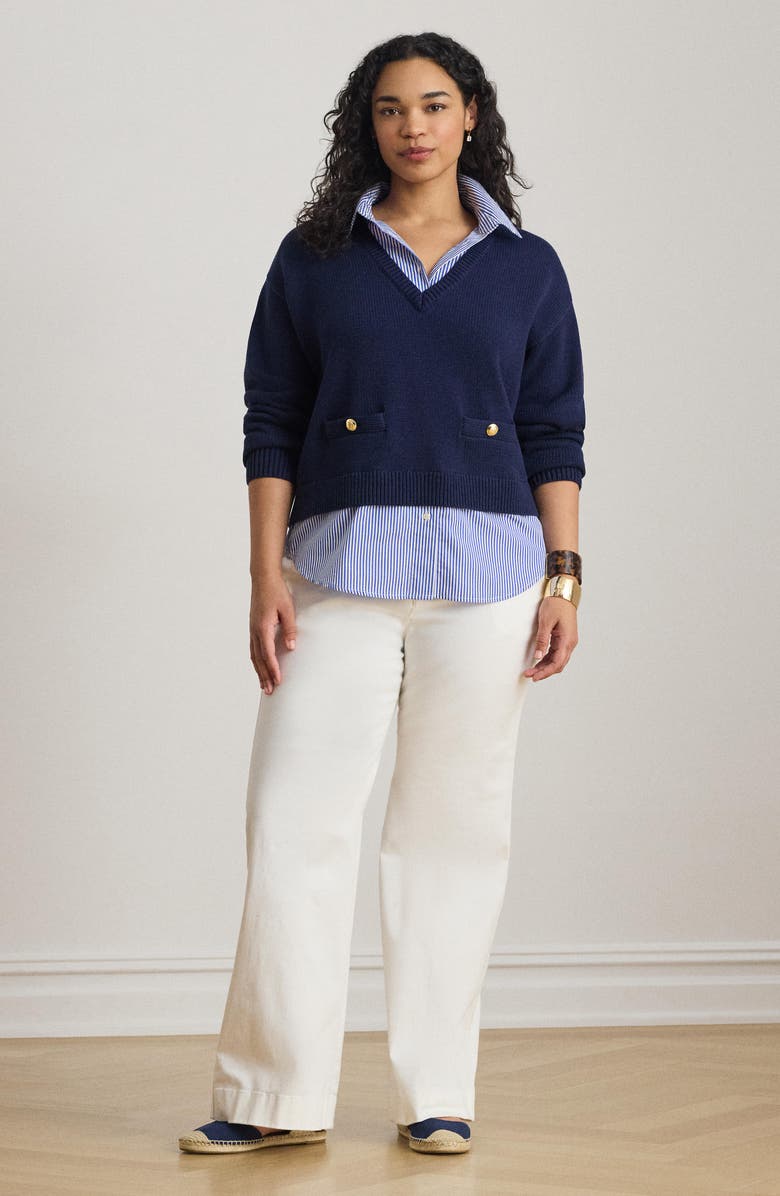 Lauren Ralph Lauren Layered-Look Button Trim Cotton Sweater, Alternate, color, Refined Navy Blue/ Multi