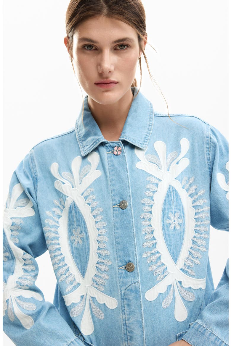 Beaded Lace Detail Denim Trucker Jacket, Alternate, color, MEDIUM BLUE