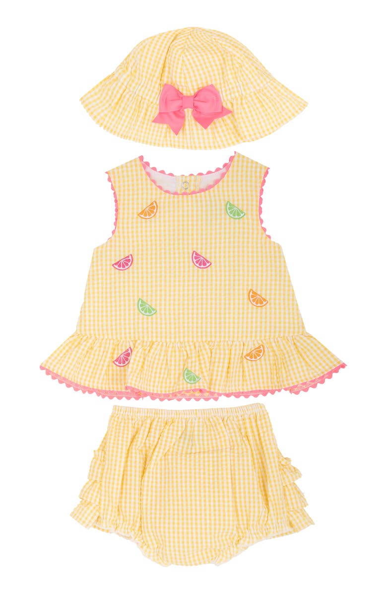 Rare Editions Citrus Seersucker Top, Bloomers & Hat Set, Alternate, color, 