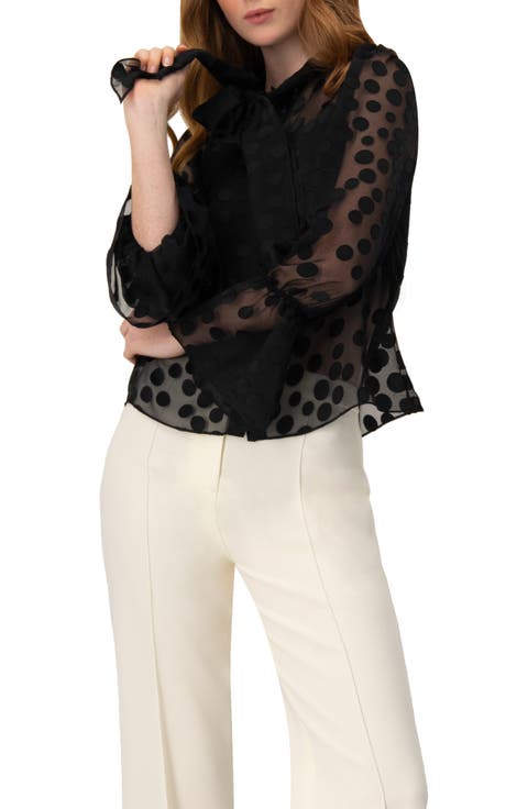 Polka Dot See Though Blouse with Tie Neck