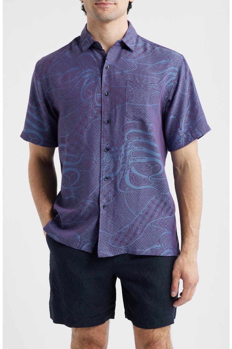 Ho'l Nalo Jacquard Short Sleeve Button-Up Shirt, Main, color, BURGUNDY/ BLUE