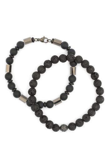 American Exchange Set Of 2 Stone Beaded Bracelets In Gun/black
