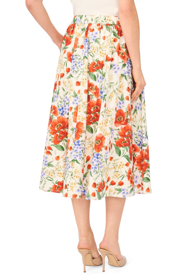 Mari Floral Print Gathered Midi Skirt, Alternate, color, FIRE ORANGE