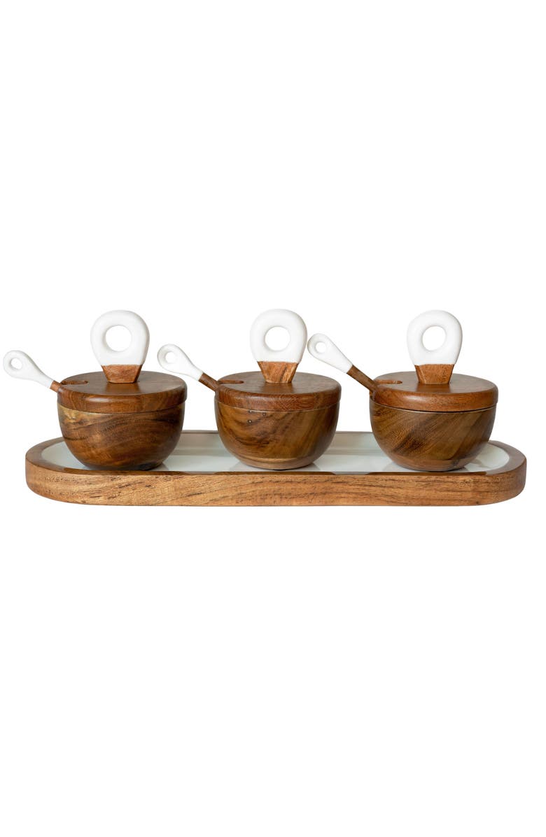 Jeanne Fitz Wood + White Collection Acacia Wood 3 Dipping Bowls with Charcuterie Utensils, Alternate, color, White, Brown