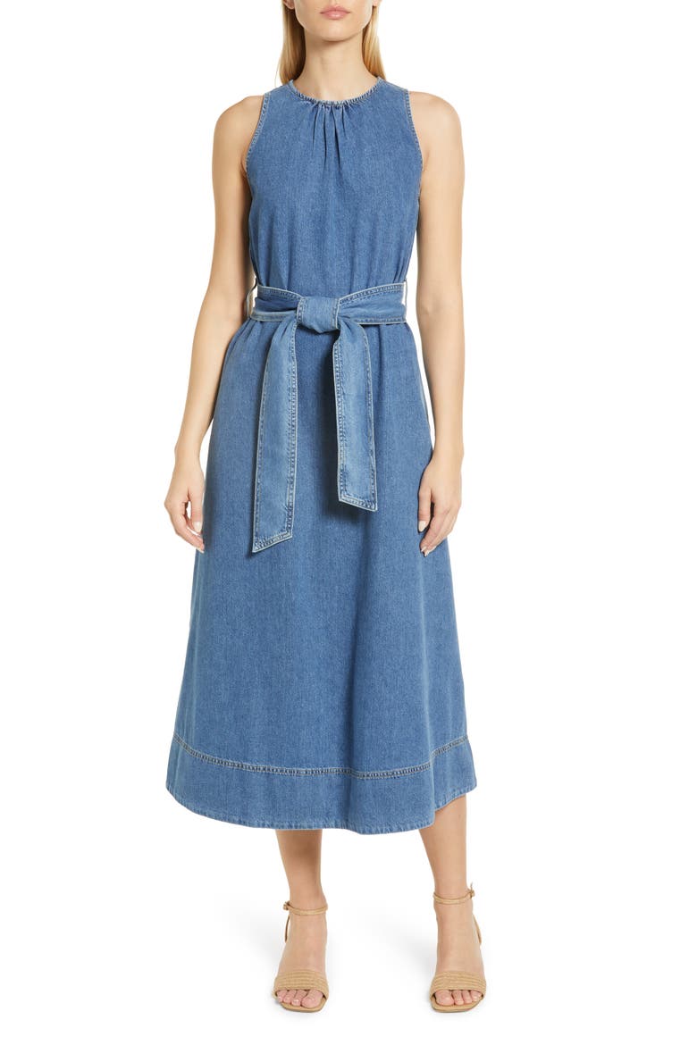 Belted Nonstretch Denim Midi Dress, Main, color, MID VINTAGE DENIM