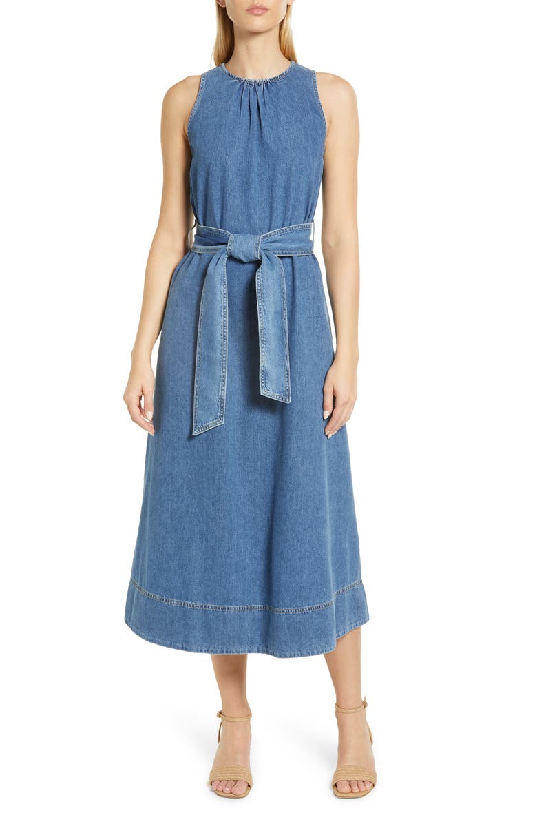 Boden Belted Nonstretch Denim Midi Dress, Main, color,