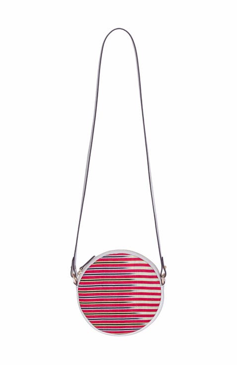 Genuine Leather & Striped Fabric Pattern Crossbody Bag