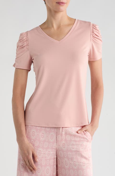 Ruched Sleeve V-Neck T-Shirt