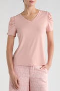 T Tahari Ruched Sleeve V-Neck T-Shirt