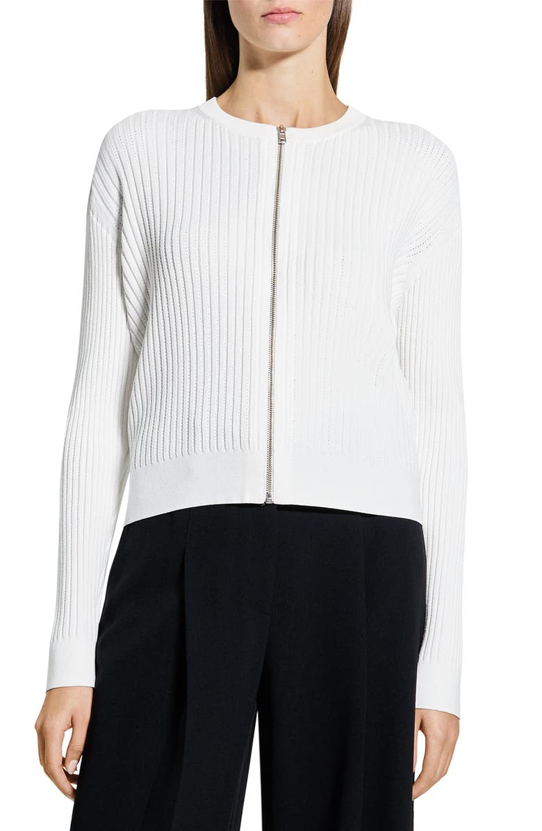 Theory Pointelle Rib Zip Cardigan, Main, color, White
