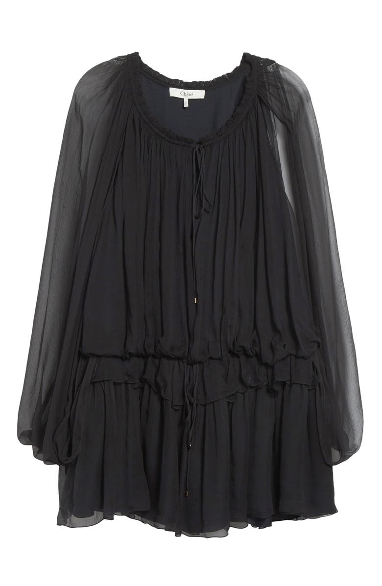 Chloé Long Sleeve Organic Silk Muslin Cape Minidress, Alternate, color, Black