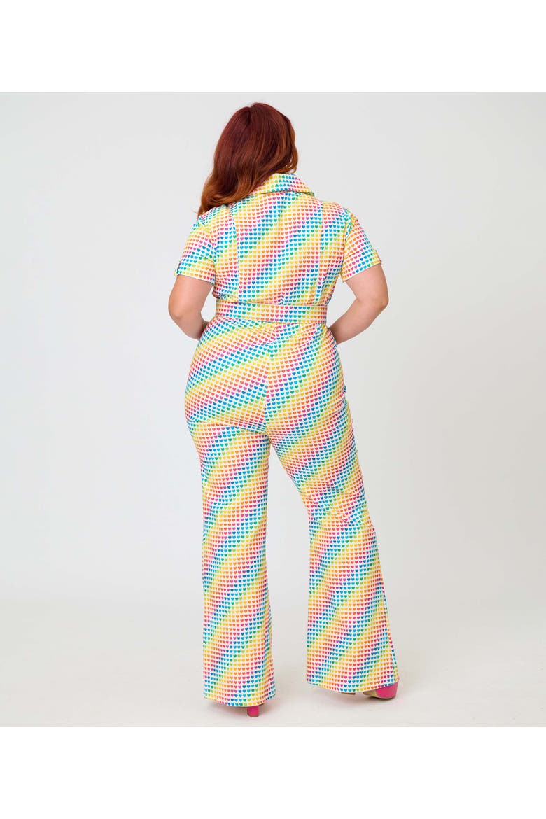 Plus Size Retro Flare Jumpsuit, Alternate, color, Yellow Rainbow Heart Print