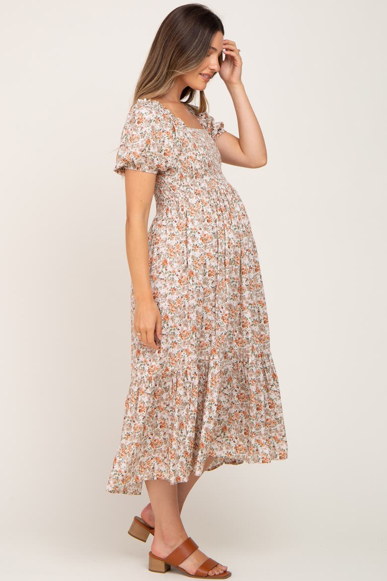 Floral Smocked Puff Sleeve Midi Dress, Alternate, color, Taupe
