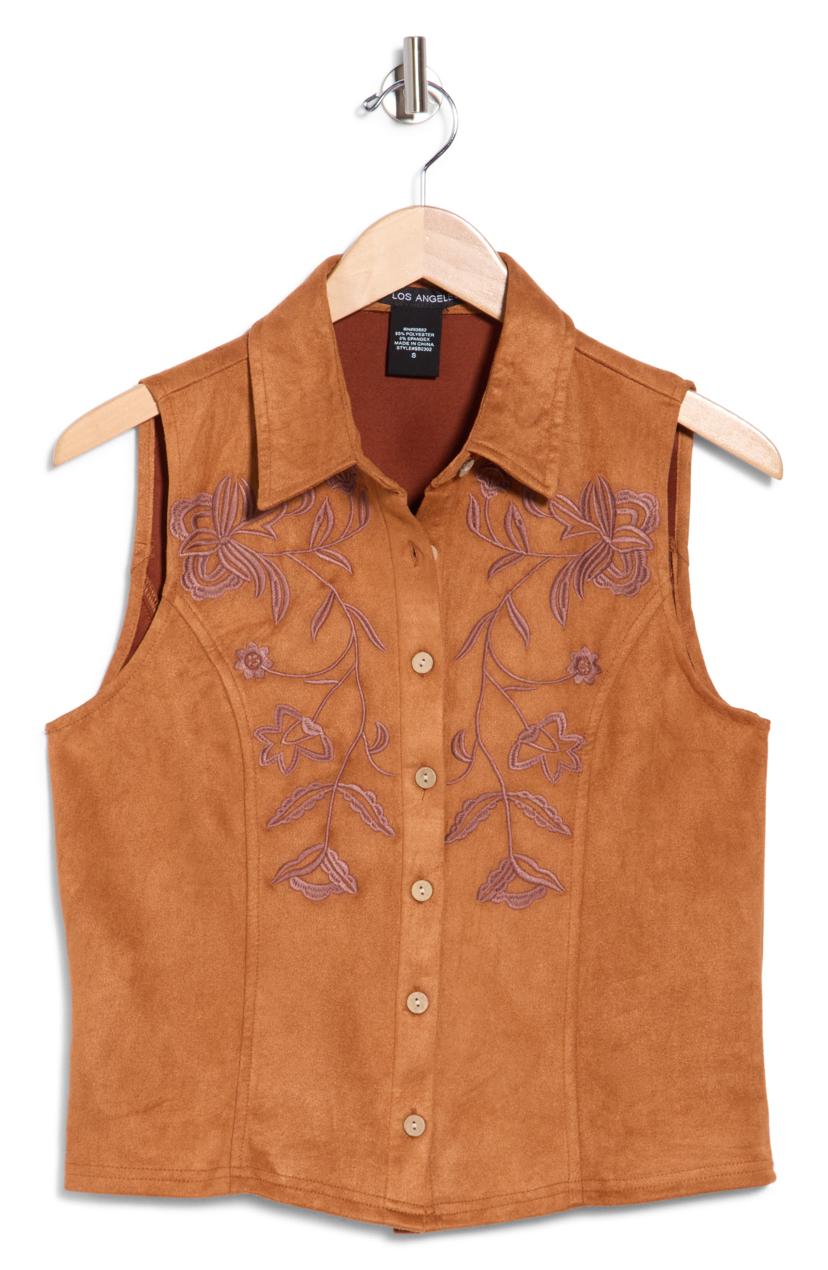 Embroidered Faux Suede Button Front Tank
