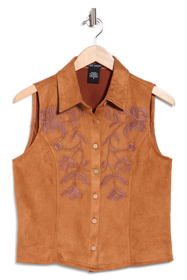 Embroidered Faux Suede Button Front Tank, Main, color, CAMEL