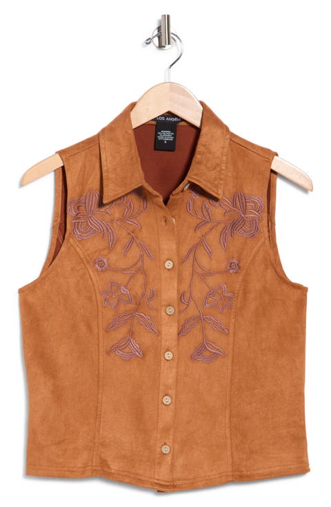 Embroidered Faux Suede Button Front Tank