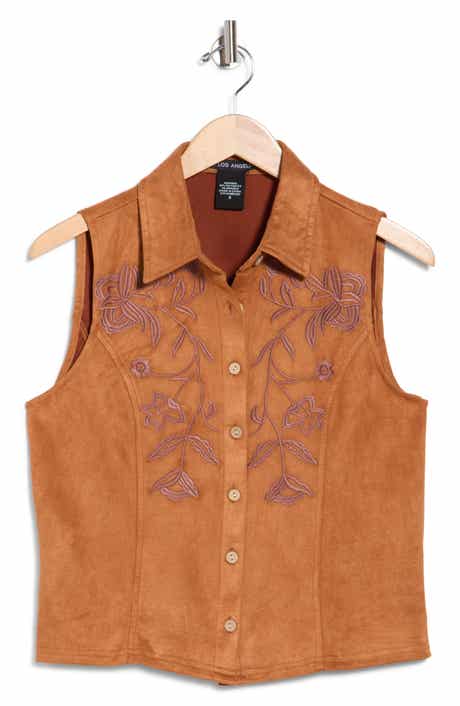 Embroidered Faux Suede Button Front Tank