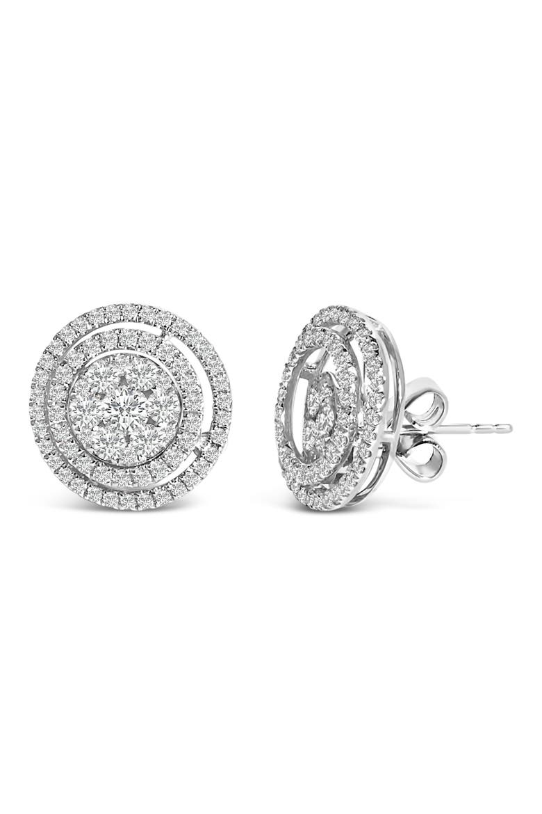 14K Gold 1 3/8 Cttw Diamond Cluster and Double Halo Stud Earring, Alternate, color, White