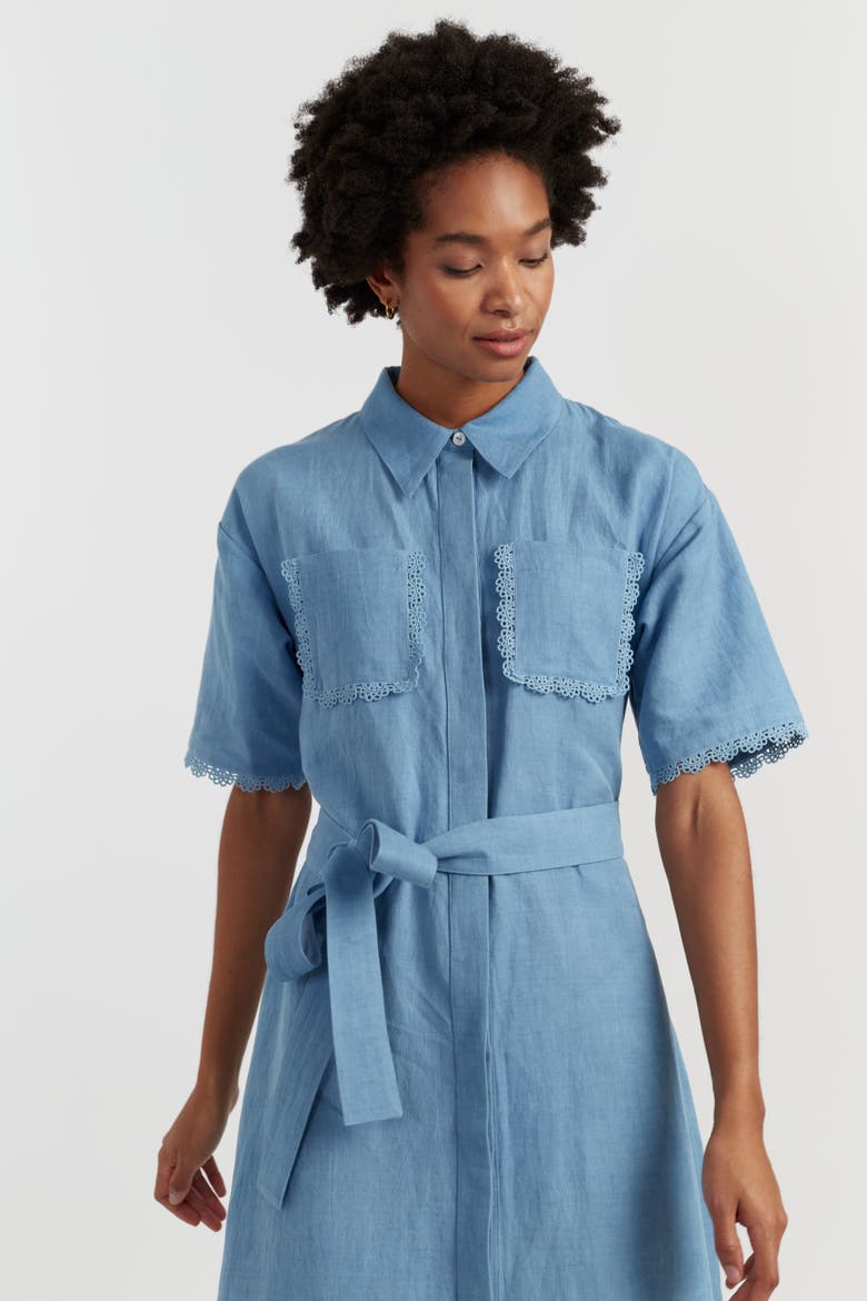 Linen-Blend Scallop Shirt Dress, Alternate, color, Dusty Blue