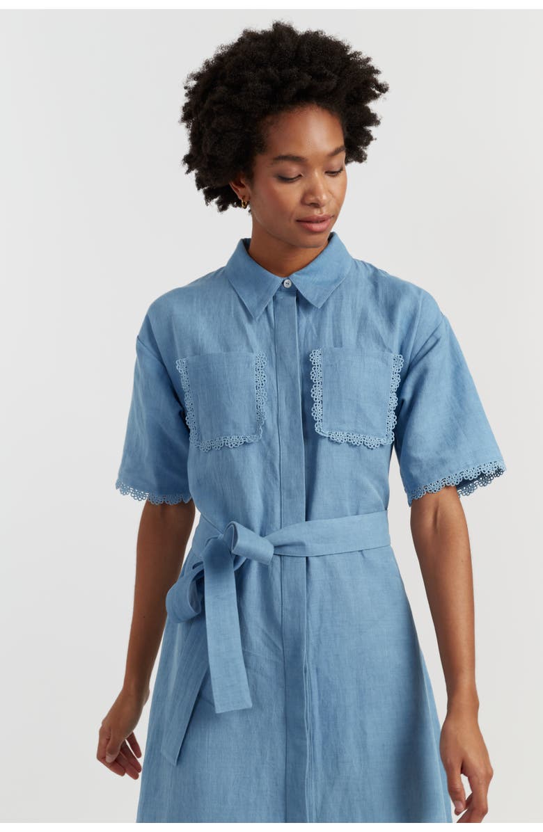 Chinti & Parker Linen-Blend Scallop Shirt Dress, Alternate, color, Dusty Blue
