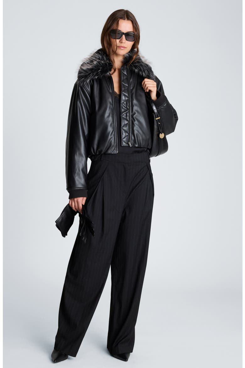 Crossover Pleat Pinstripe Wide Leg Pants, Alternate, color, BLACK/ OYSTER