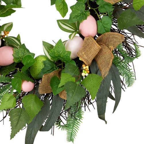 Northlight Easter Egg And Burlap Ribbon Mixed Foliage Twig Wreath In Green