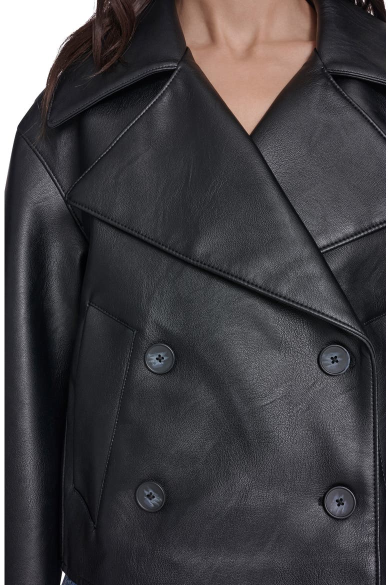 Double Breasted Faux Leather Crop Trench Coat, Alternate, color, BLACK