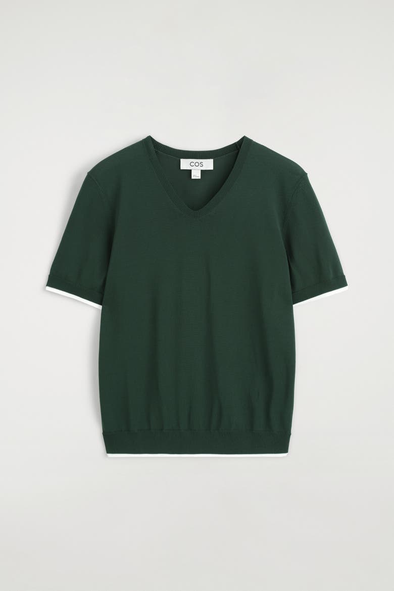 Layered-detail Knitted V-neck T-shirt, Alternate, color, DARK GREEN / WHITE