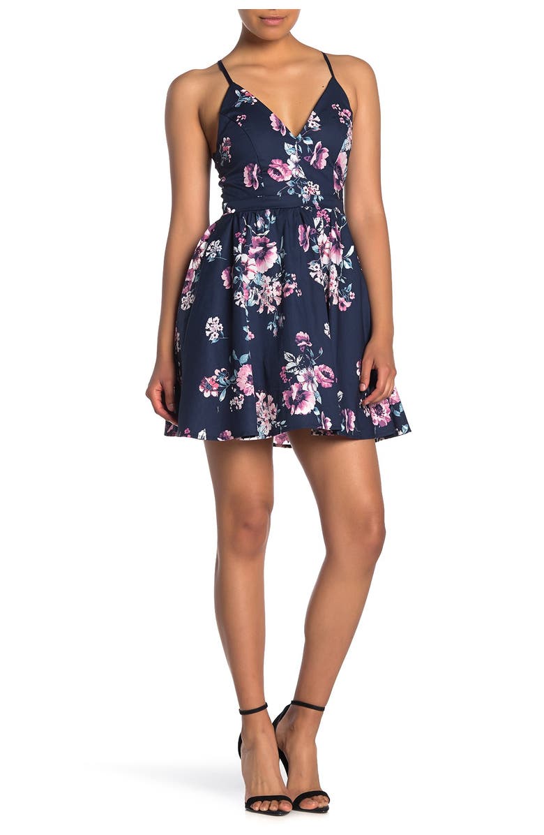 LOVE, NICKIE LEW Floral Print Lace Back Skater Dress, Main, color,