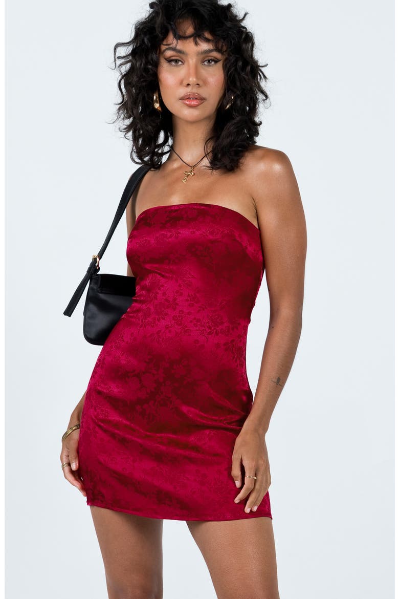 Ramie Jacquard Strapless Satin Minidress, Alternate, color, BURGUNDY