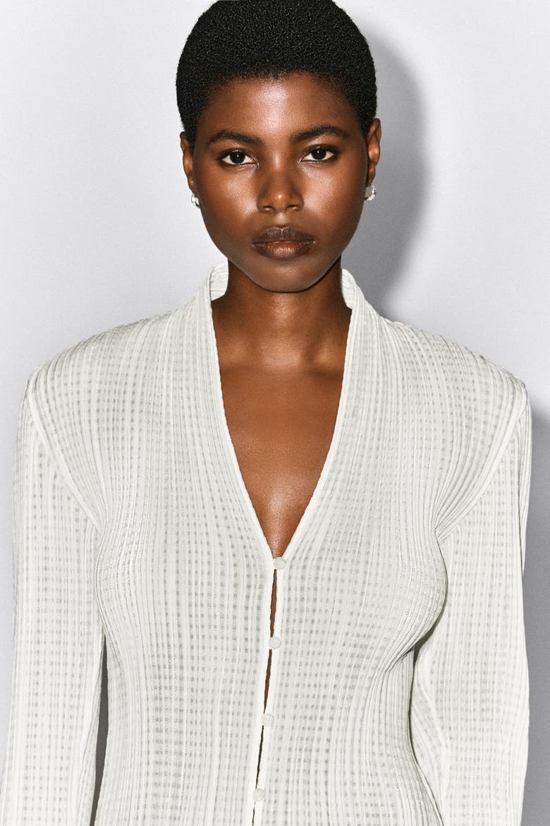 Pleated Jacquard Cardigan, Alternate, color, WHITE