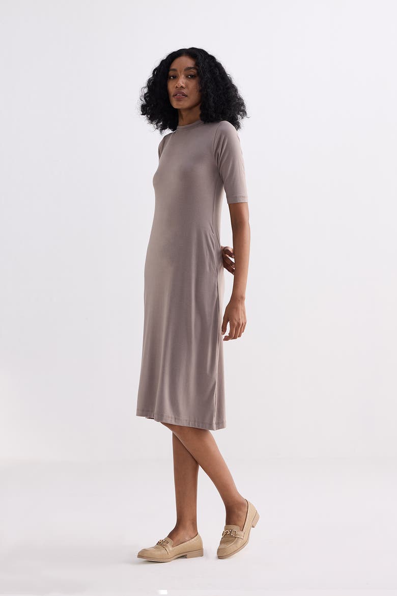 High Neck Elbow Sleeves Fitted Dress, Alternate, color, Dusty Brown