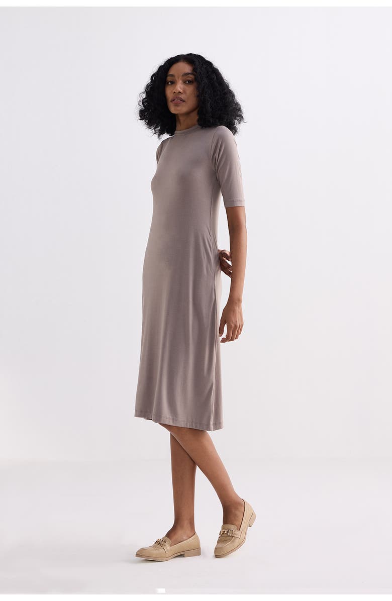 Reistor High Neck Elbow Sleeves Fitted Dress, Alternate, color, Dusty Brown