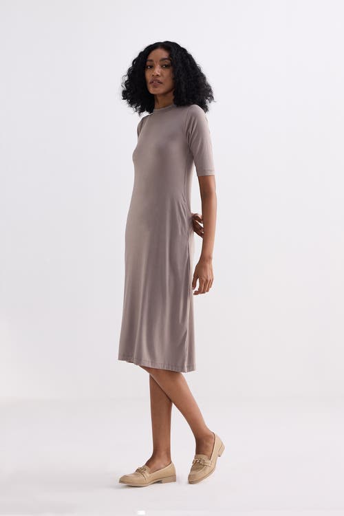 Reistor High Crew Neck Fitted Dress With Elbow Sleeves In Pink