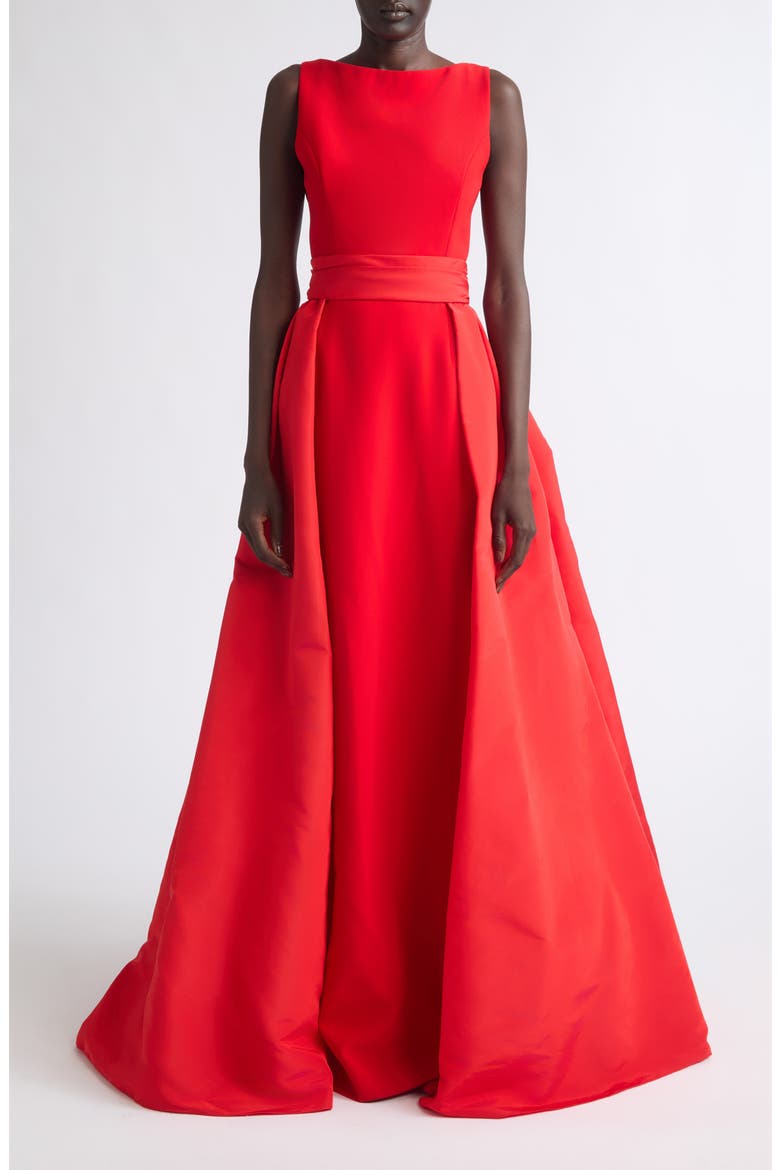 Silk Faille Boatneck Column Gown with Overskirt, Main, color, CHILI RED