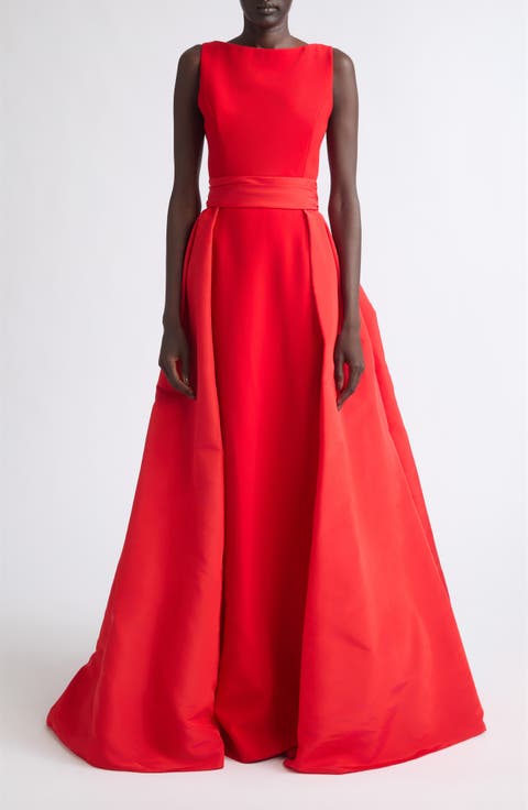 Silk Faille Boatneck Column Gown with Overskirt