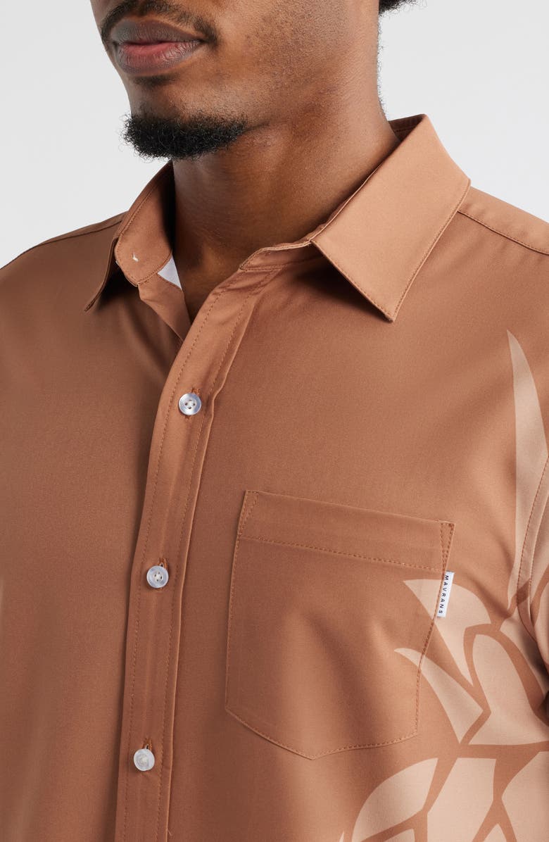 MAVRANS Sand Pineapple Weekend Short Sleeve Performance Button-Up Shirt, Alternate, color, Brown