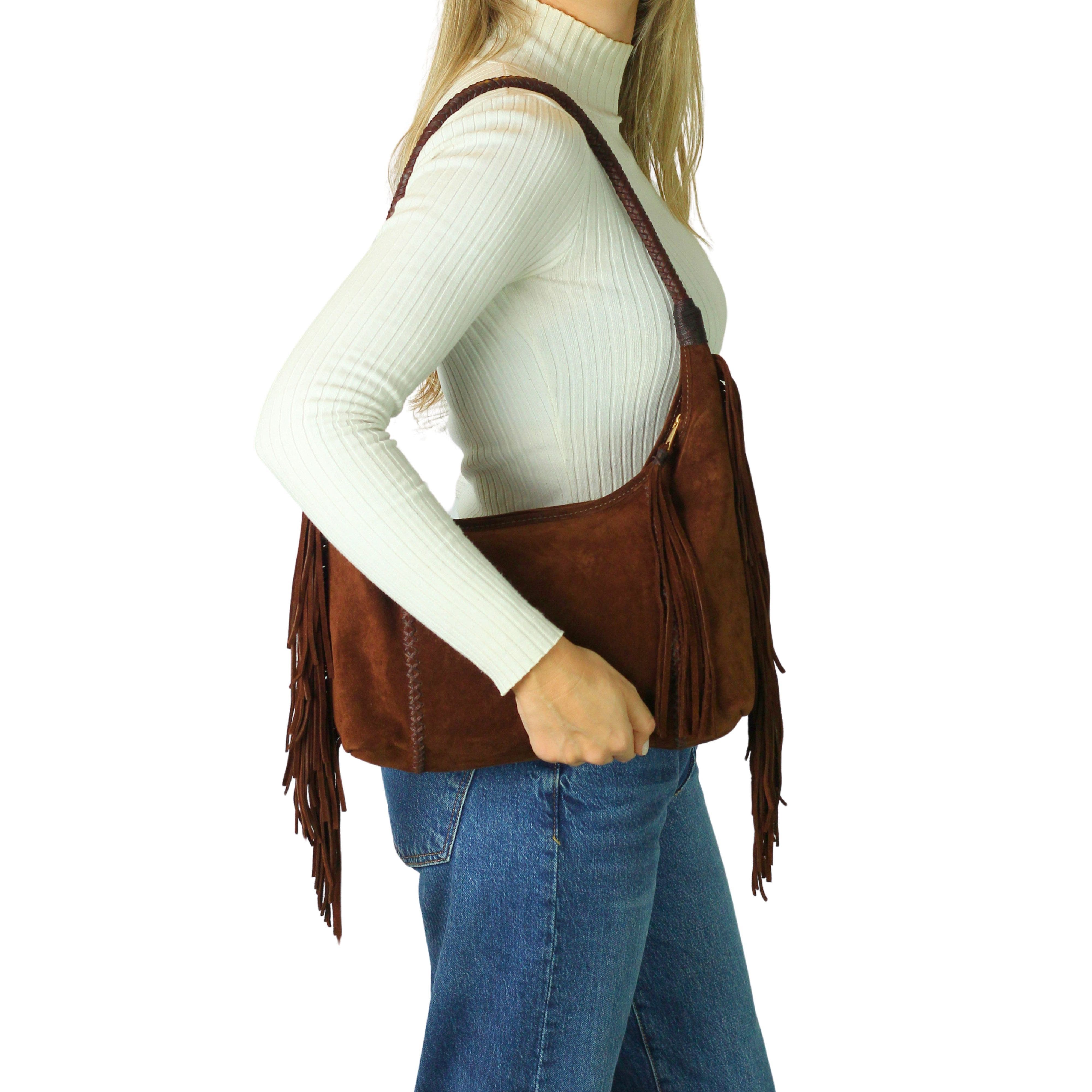 Carlos Falchi Fringe Suede Hobo Bag, Alternate, color, Cocoa