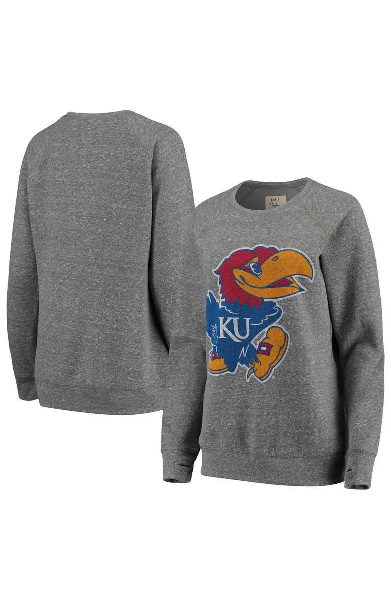 PRESSBOX Women's Pressbox Heathered Gray Kansas Jayhawks Big Team Logo Knobi Fleece Tri-Blend Crew Neck Sweatshirt, Main, color,